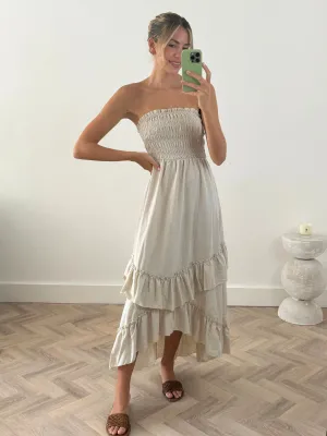 Bessie Shirred Frill Midi Dress in Cream Timeless Style Bold Pattern