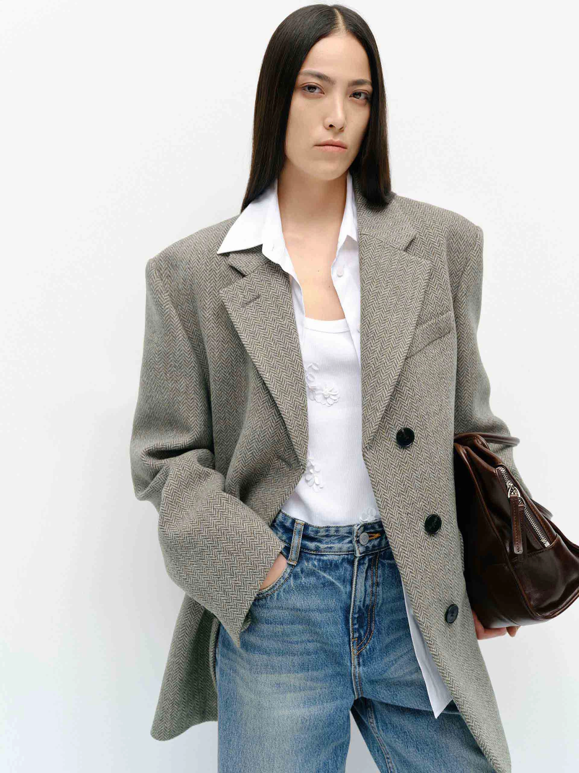 Magnetic Closure Options Wool Herringbone Blazer