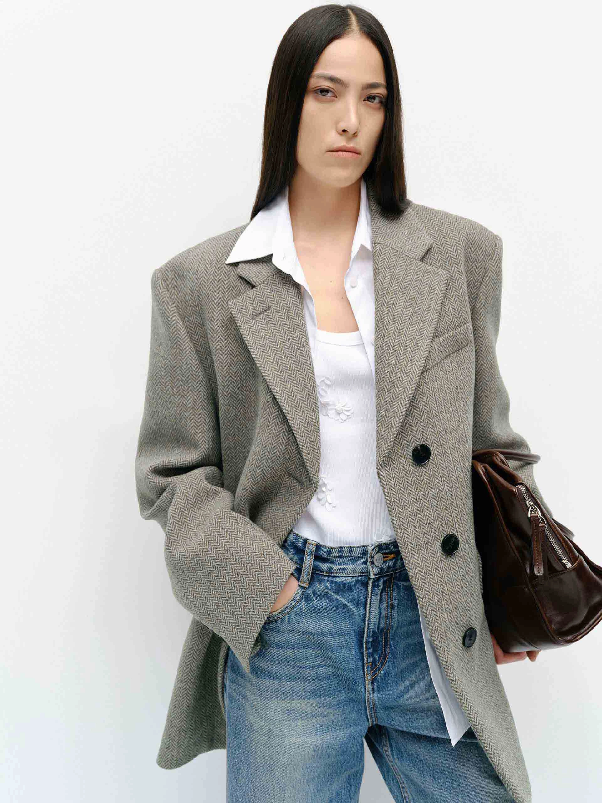 Multi Layer Option Wool Herringbone Blazer