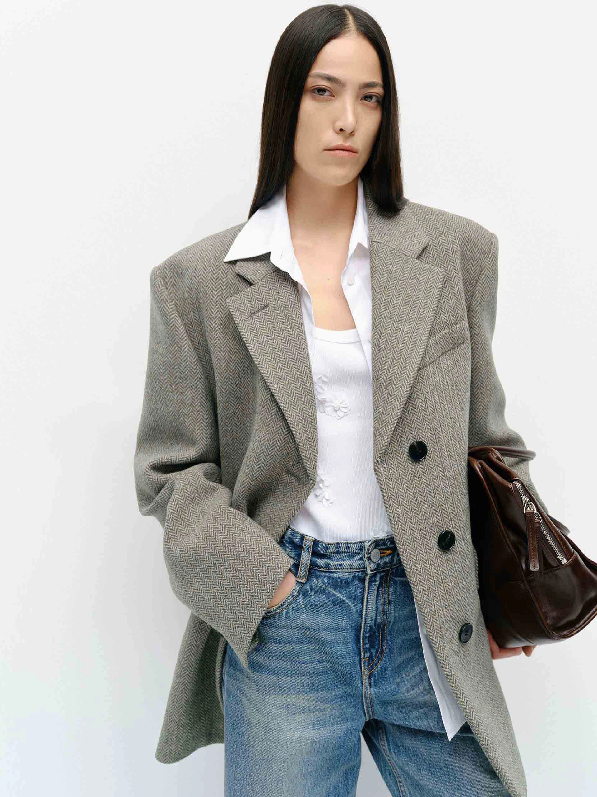 Wool Herringbone Blazer Reinforced Seam Construction Elastic hem