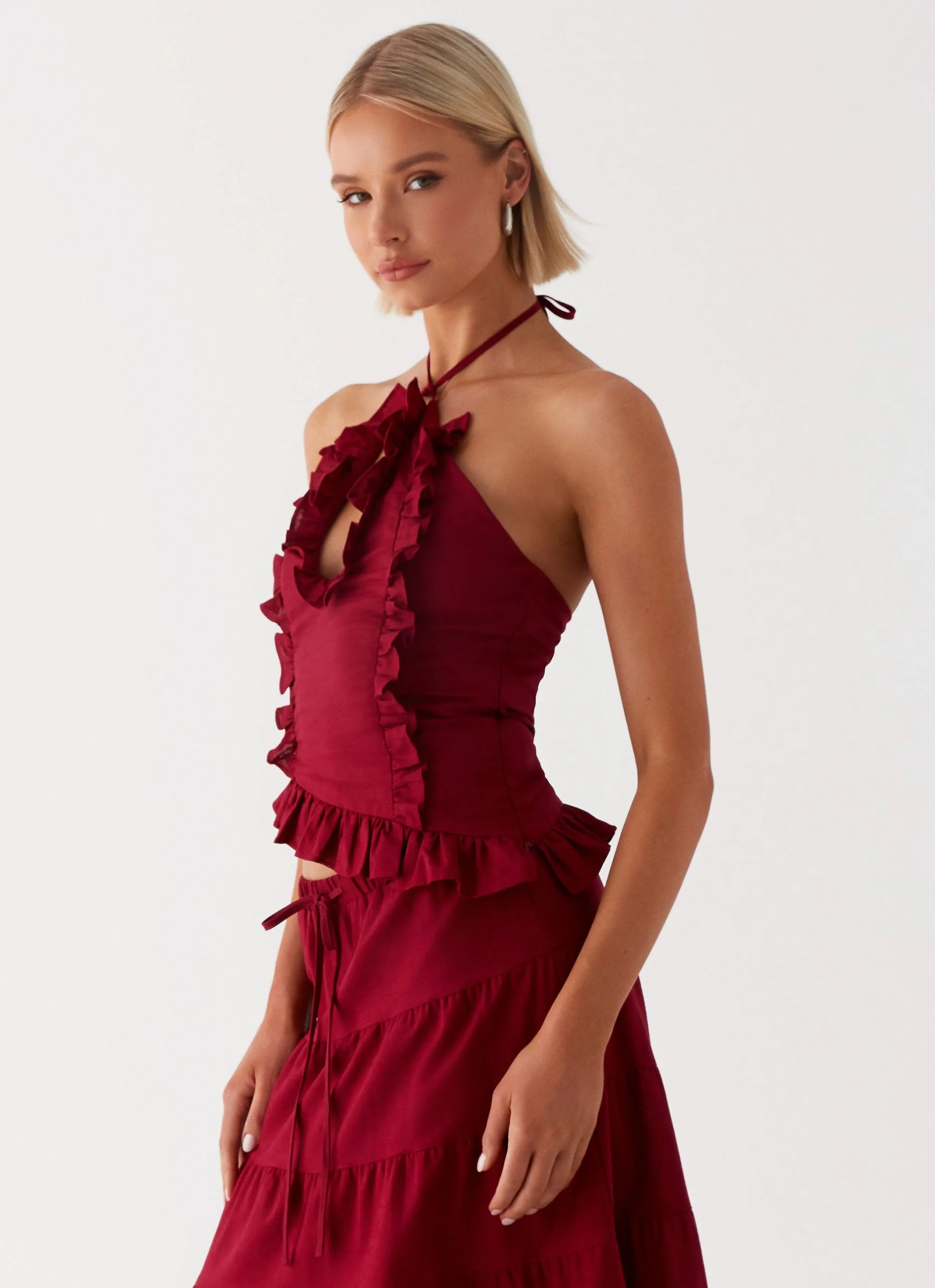 Hydrophobic Threadwork Reversible Layering Tech Mariella Linen Top - Maroon