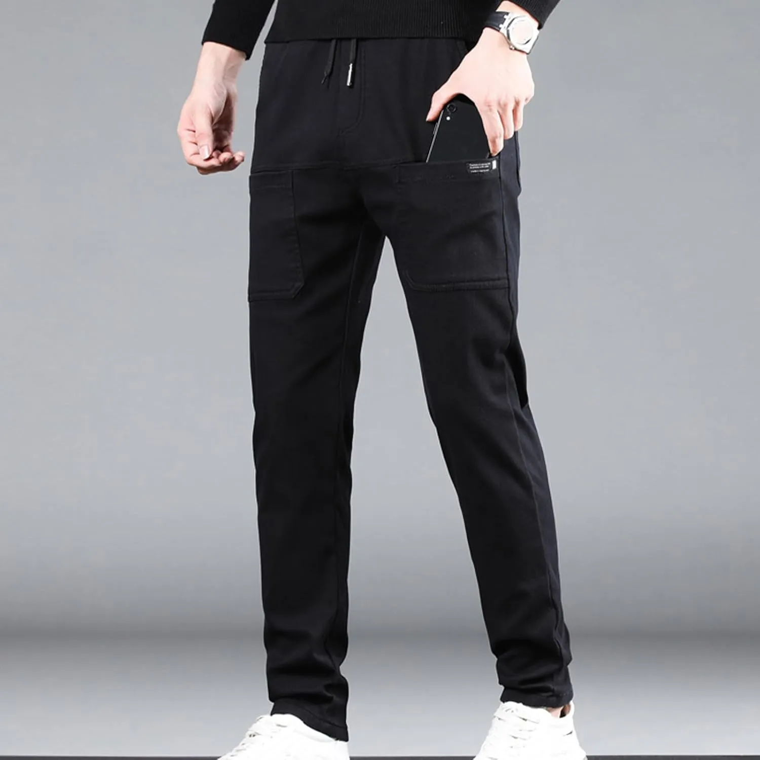 High Stretch Multi-Pocket Durable Cargo Pants, Black Drawstring Casual Comfy Multi Work Cargo Sweatpants Outdoor Pants
