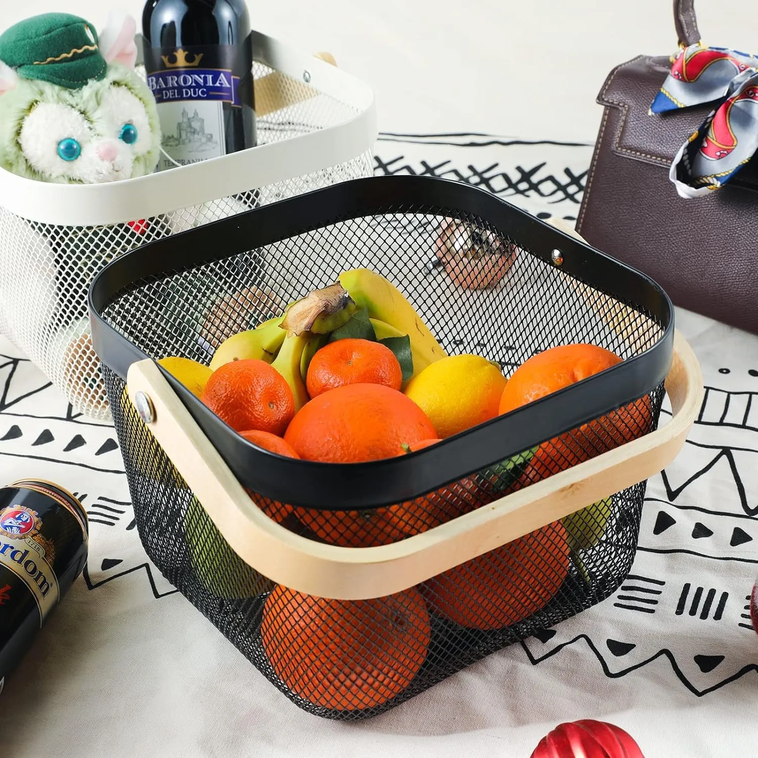 Homestic Metal Mesh Steel Basket,Fruit Basket Bin, Storage Organizer with Handle for Hanging Kitchen Baskets, White Multi-Functional Fruit Vegetable Basket for Cabinets Cupboards (Black)