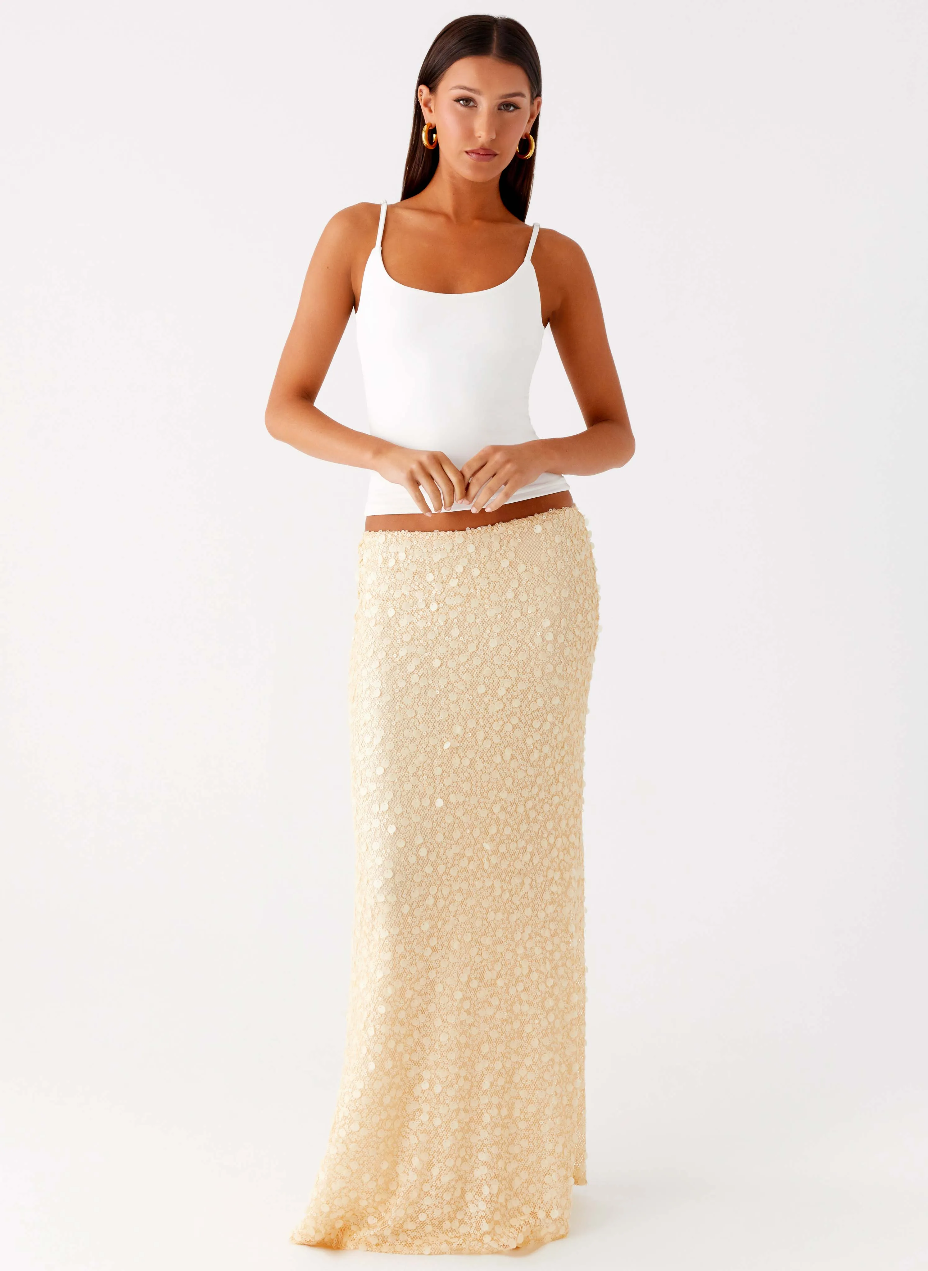 Honestly Sequin Maxi Skirt - Yellow Soft Layers Gentle Vibe