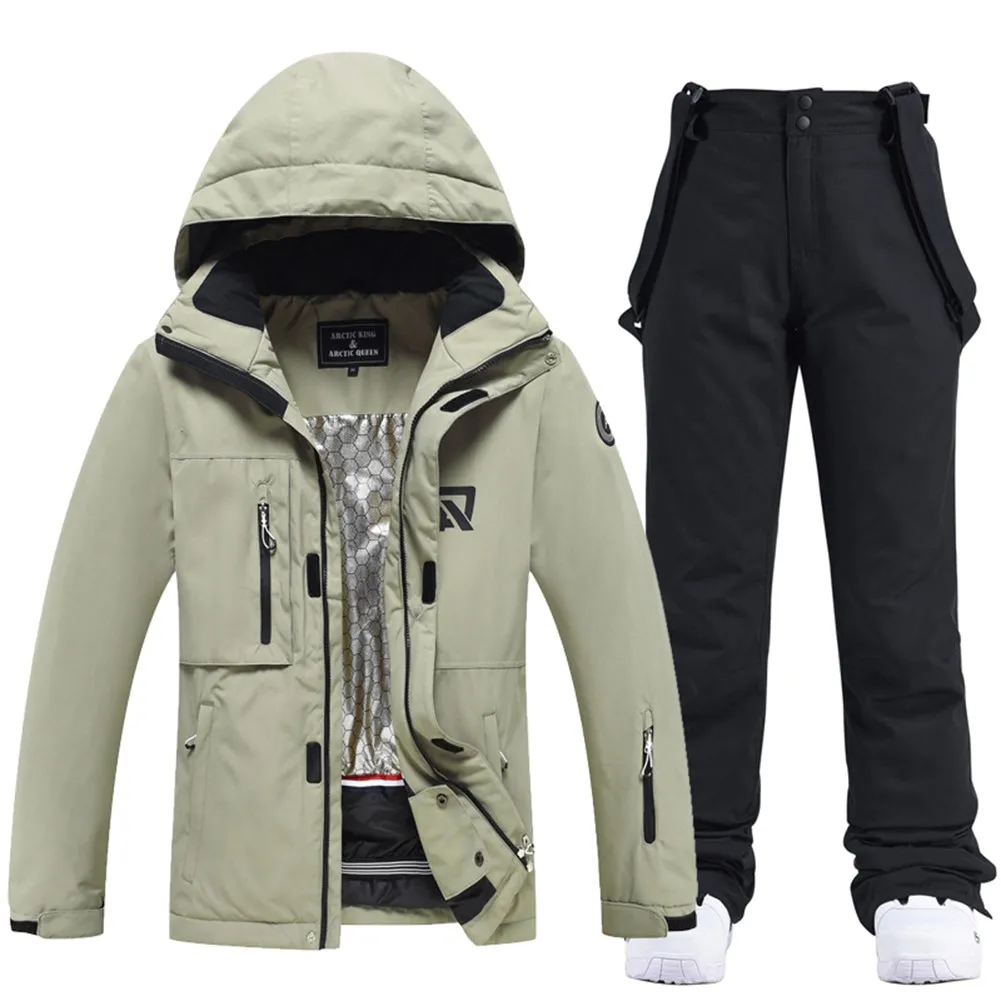 Hooded Zipper Up Ski Jacket & Windproof Bibs Pants Set