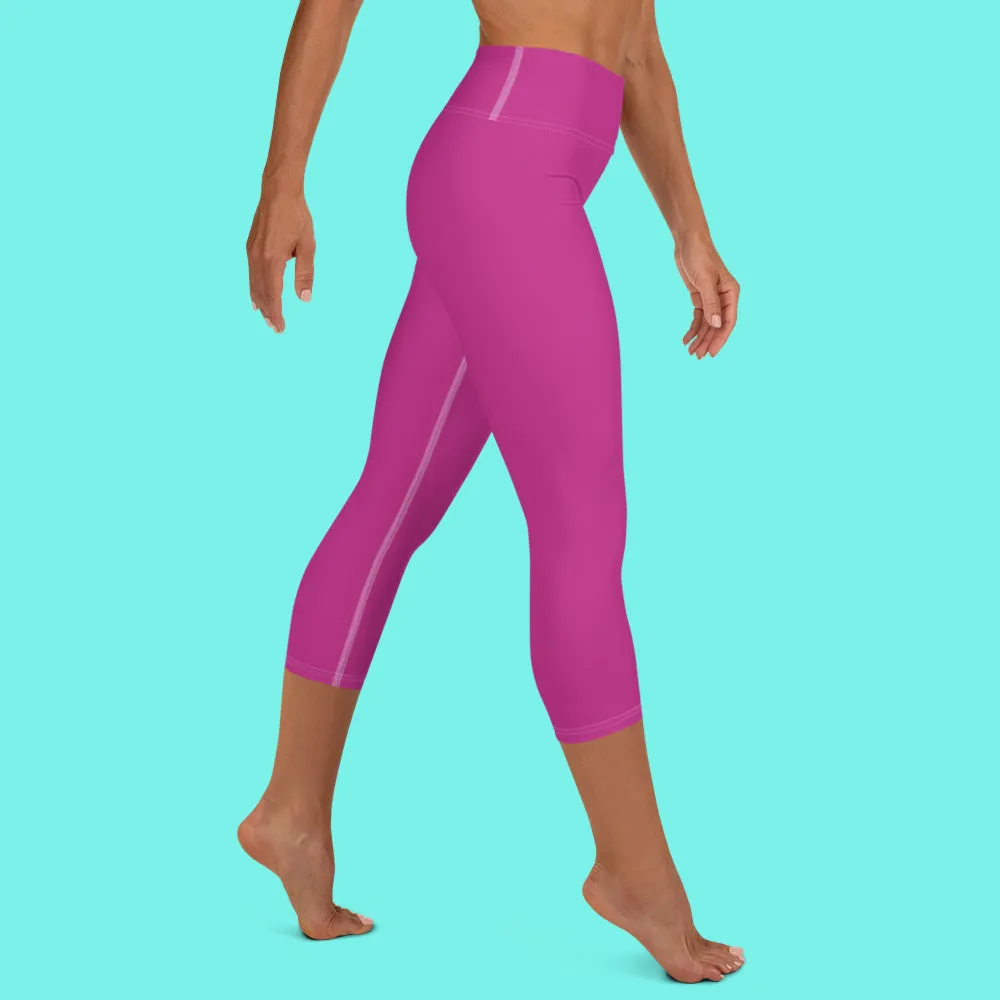 Hot Pink Bridesmaid Sports Tights, Solid Hot Pink Color Print Premium Yoga Capri Leggings-Made in USA/EU/MX