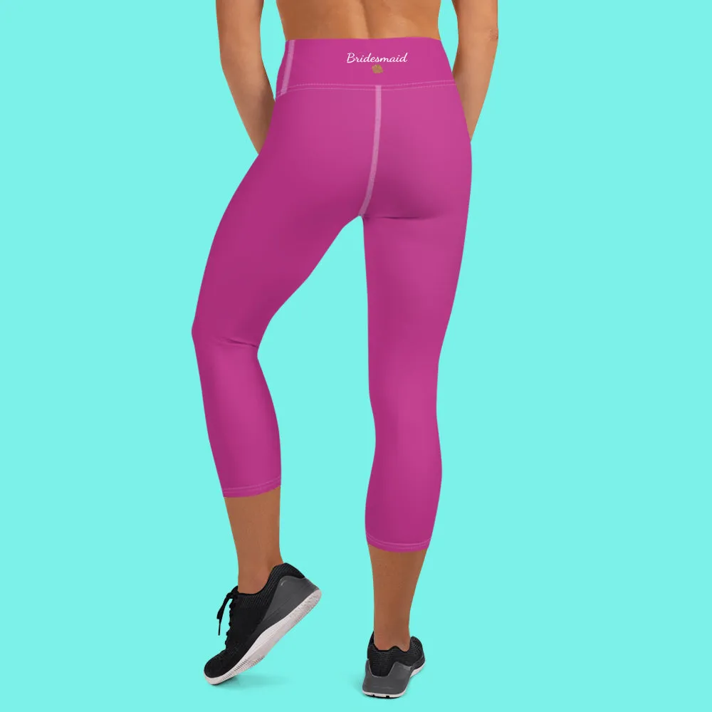 Hot Pink Bridesmaid Sports Tights, Solid Hot Pink Color Print Premium Yoga Capri Leggings-Made in USA/EU/MX