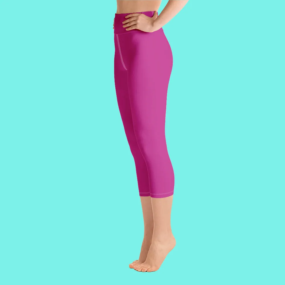 Hot Pink Bridesmaid Sports Tights, Solid Hot Pink Color Print Premium Yoga Capri Leggings-Made in USA/EU/MX