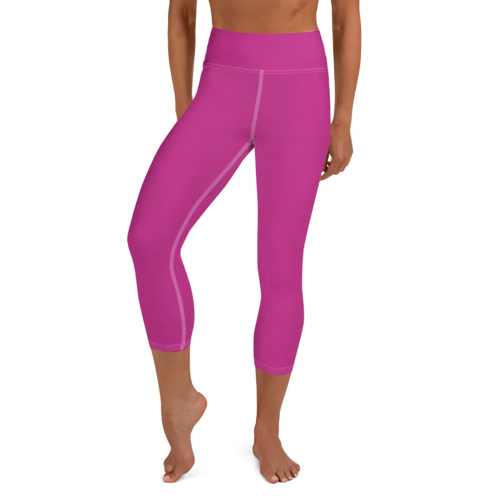 Hot Pink Bridesmaid Sports Tights, Solid Hot Pink Color Print Premium Yoga Capri Leggings-Made in USA/EU/MX