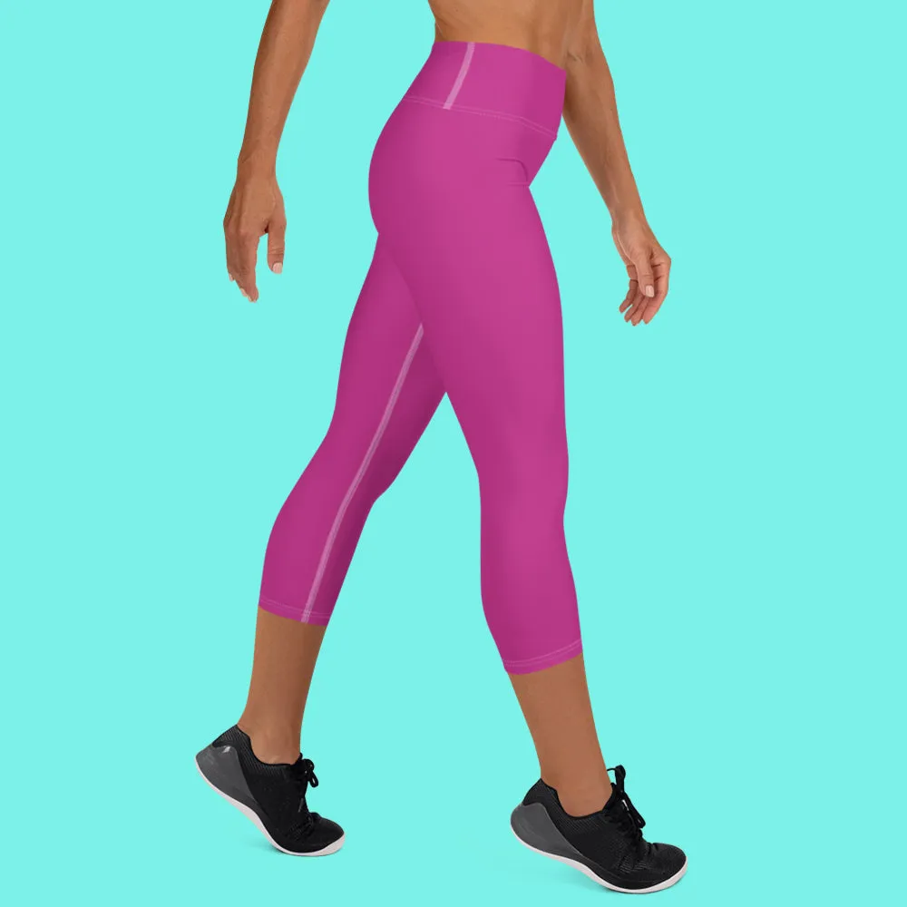 Hot Pink Bridesmaid Sports Tights, Solid Hot Pink Color Print Premium Yoga Capri Leggings-Made in USA/EU/MX