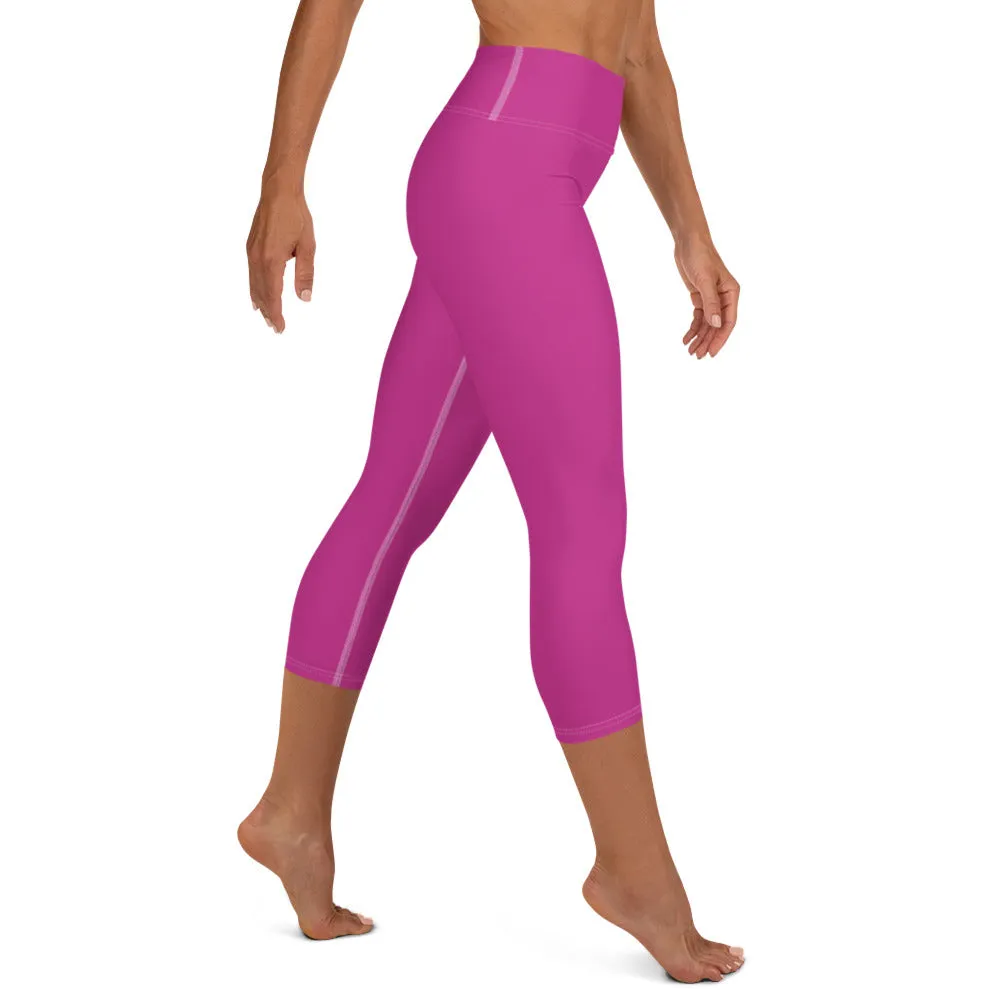 Hot Pink Bridesmaid Sports Tights, Solid Hot Pink Color Print Premium Yoga Capri Leggings-Made in USA/EU/MX