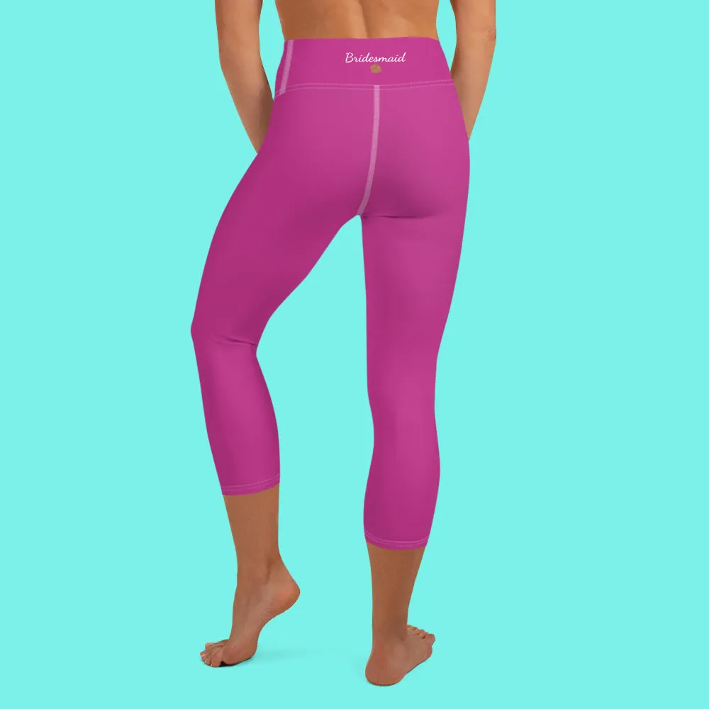 Hot Pink Bridesmaid Sports Tights, Solid Hot Pink Color Print Premium Yoga Capri Leggings-Made in USA/EU/MX