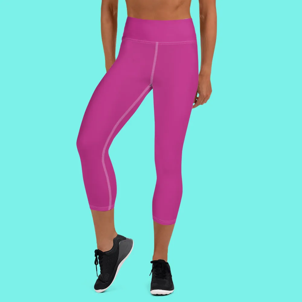 Hot Pink Bridesmaid Sports Tights, Solid Hot Pink Color Print Premium Yoga Capri Leggings-Made in USA/EU/MX