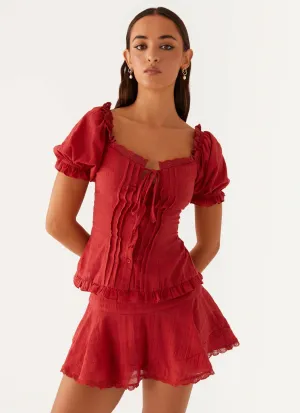 Slim Fit Shirt Interlock Stitch Detail Hundred Percent Puff Sleeve Top - Red