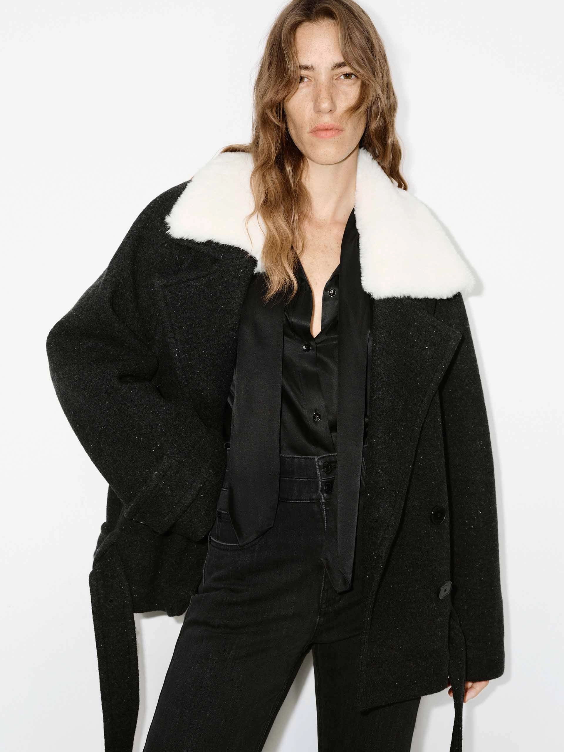 Fur Collar Quilted Coat with Belt Multi Pocket Functionality