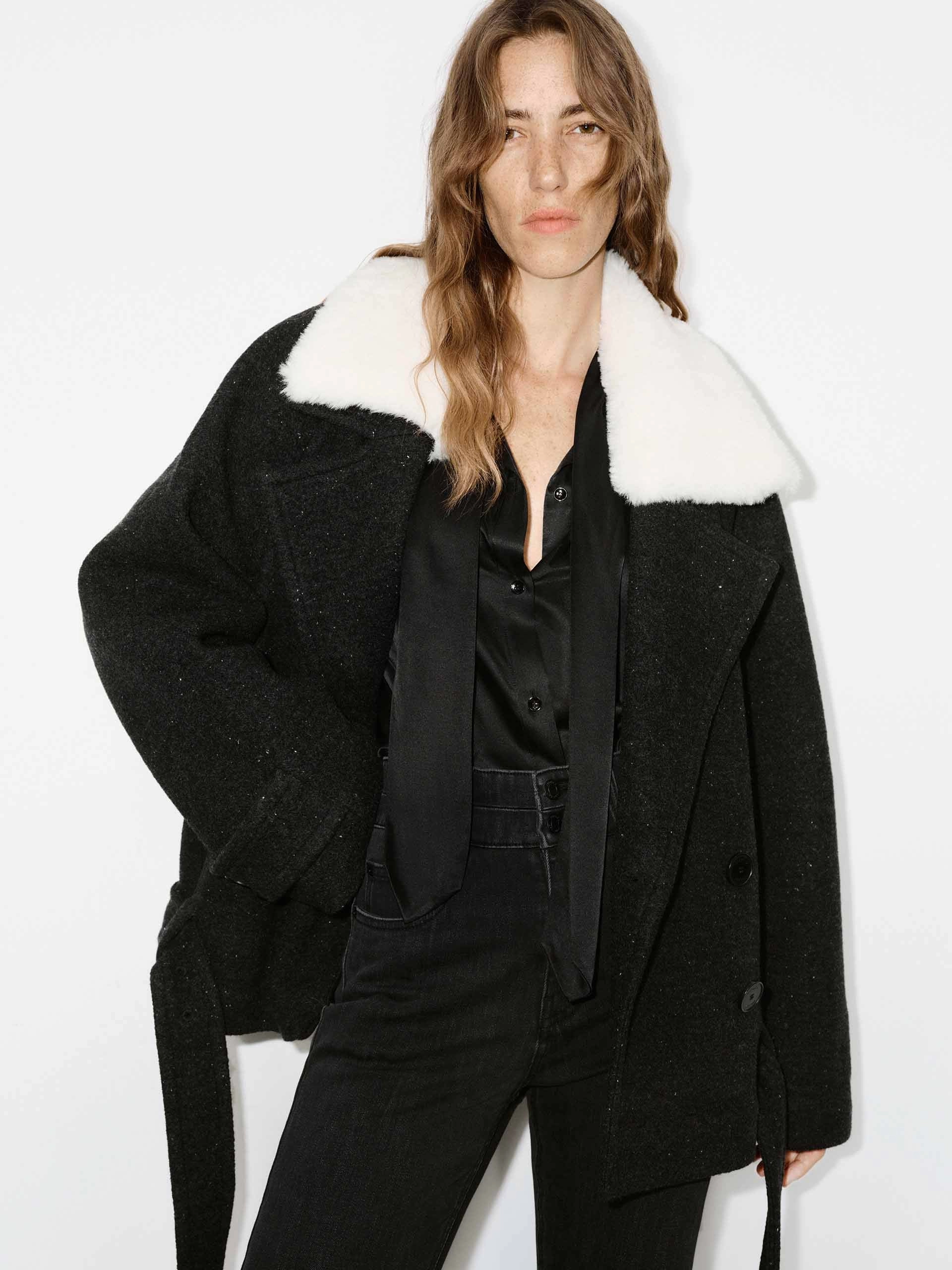 Fur Collar Quilted Coat with Belt Heat Sealed Seams