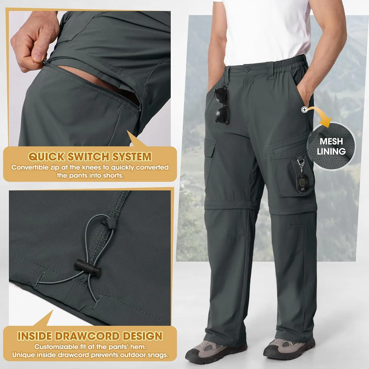 IGOLUMON Mens Hiking Pants Convertible Quick Dry Cargo Pants Water Resistant Lightweight Zip Off Outdoor Pants with 6 Pockets