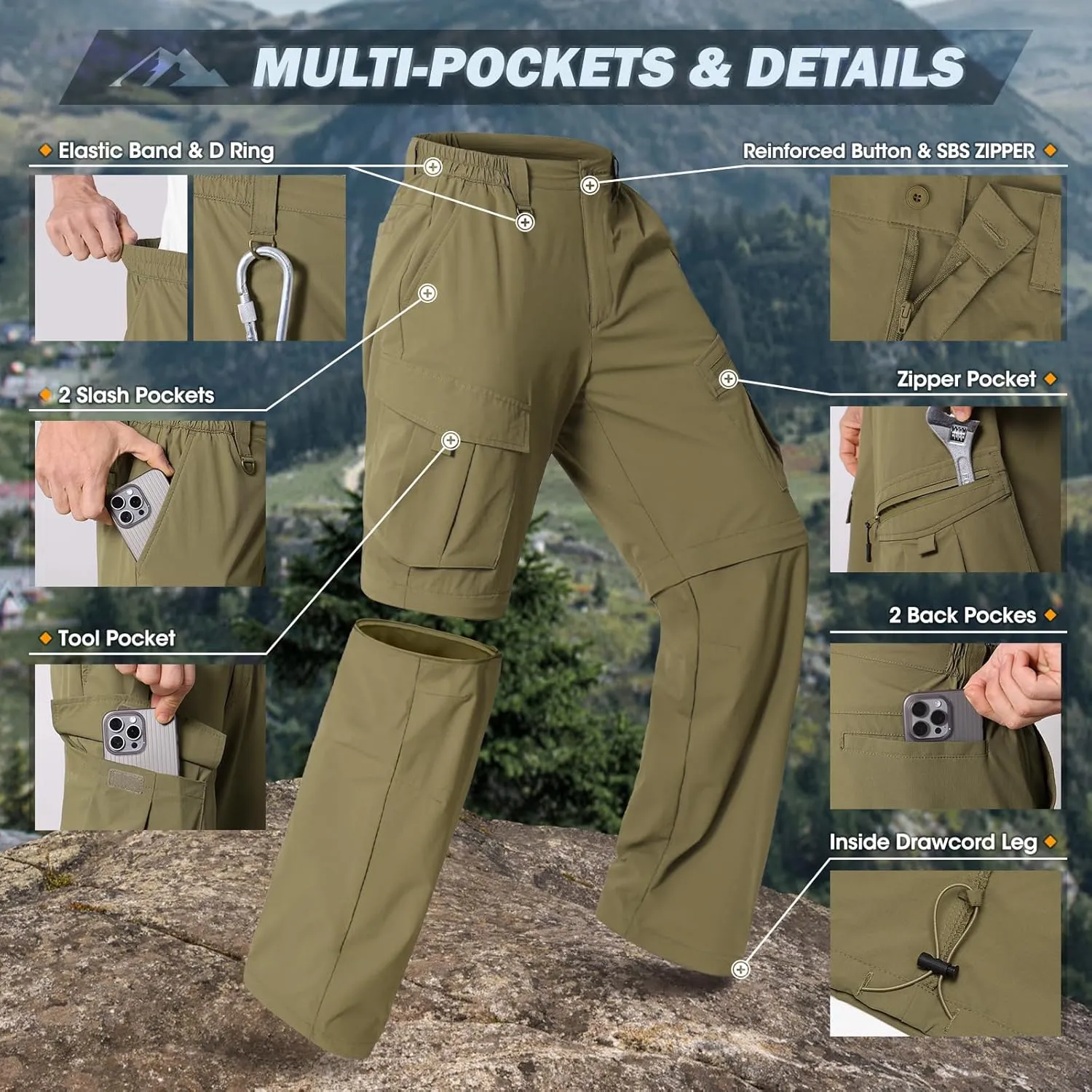 IGOLUMON Mens Hiking Pants Convertible Quick Dry Cargo Pants Water Resistant Lightweight Zip Off Outdoor Pants with 6 Pockets