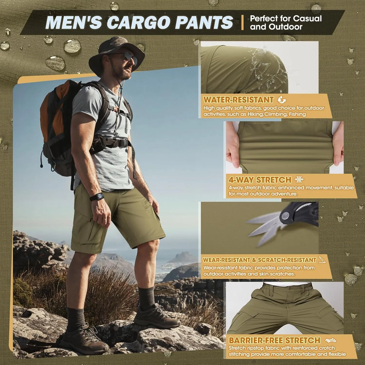 IGOLUMON Mens Hiking Pants Convertible Quick Dry Cargo Pants Water Resistant Lightweight Zip Off Outdoor Pants with 6 Pockets