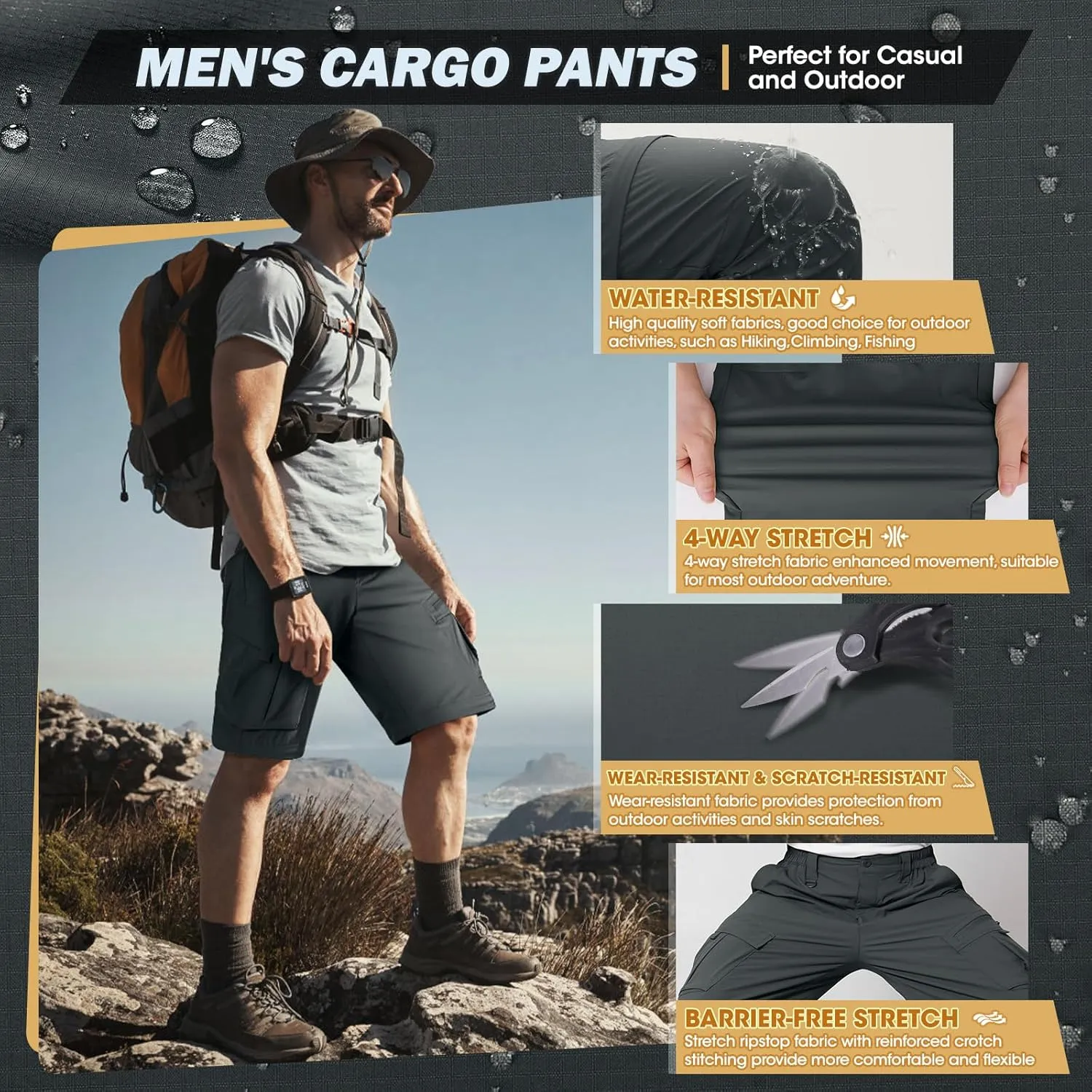 IGOLUMON Mens Hiking Pants Convertible Quick Dry Cargo Pants Water Resistant Lightweight Zip Off Outdoor Pants with 6 Pockets