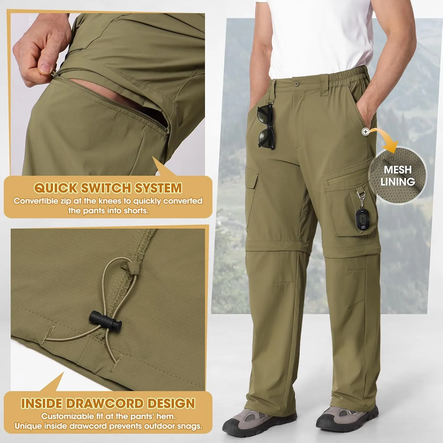 IGOLUMON Mens Hiking Pants Convertible Quick Dry Cargo Pants Water Resistant Lightweight Zip Off Outdoor Pants with 6 Pockets