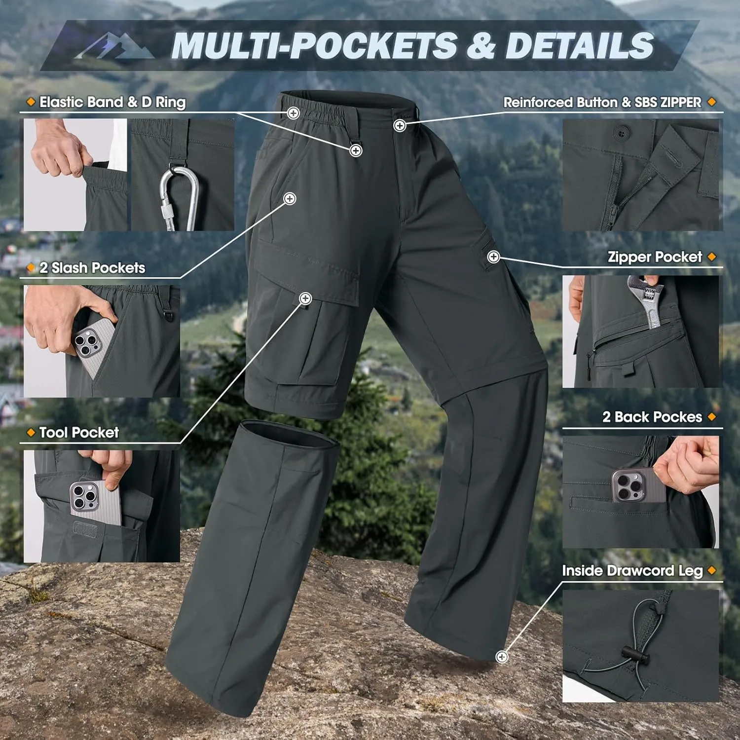 IGOLUMON Mens Hiking Pants Convertible Quick Dry Cargo Pants Water Resistant Lightweight Zip Off Outdoor Pants with 6 Pockets