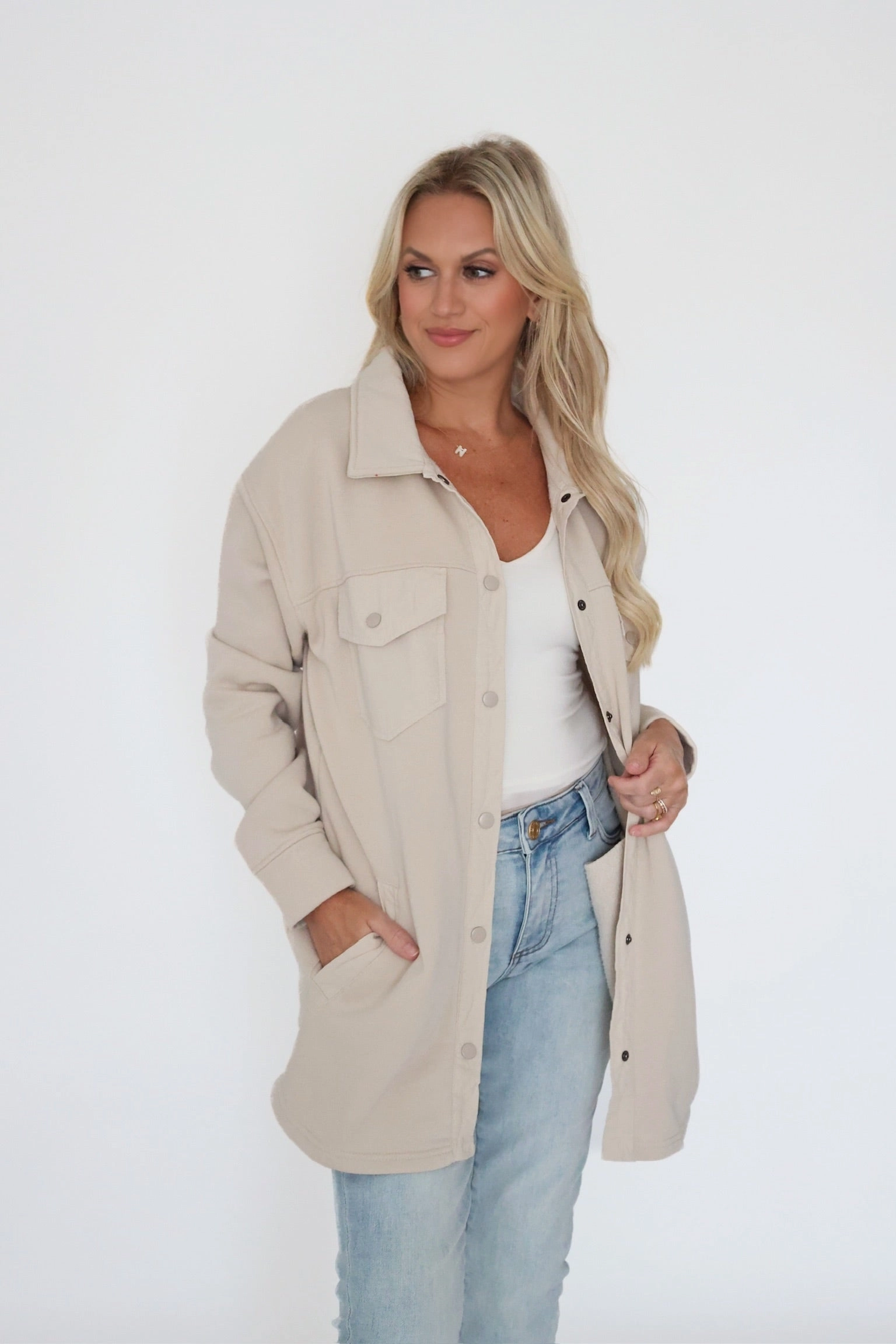 Stylish Dress Comfortable Fabric In A Snap Shacket- Natural