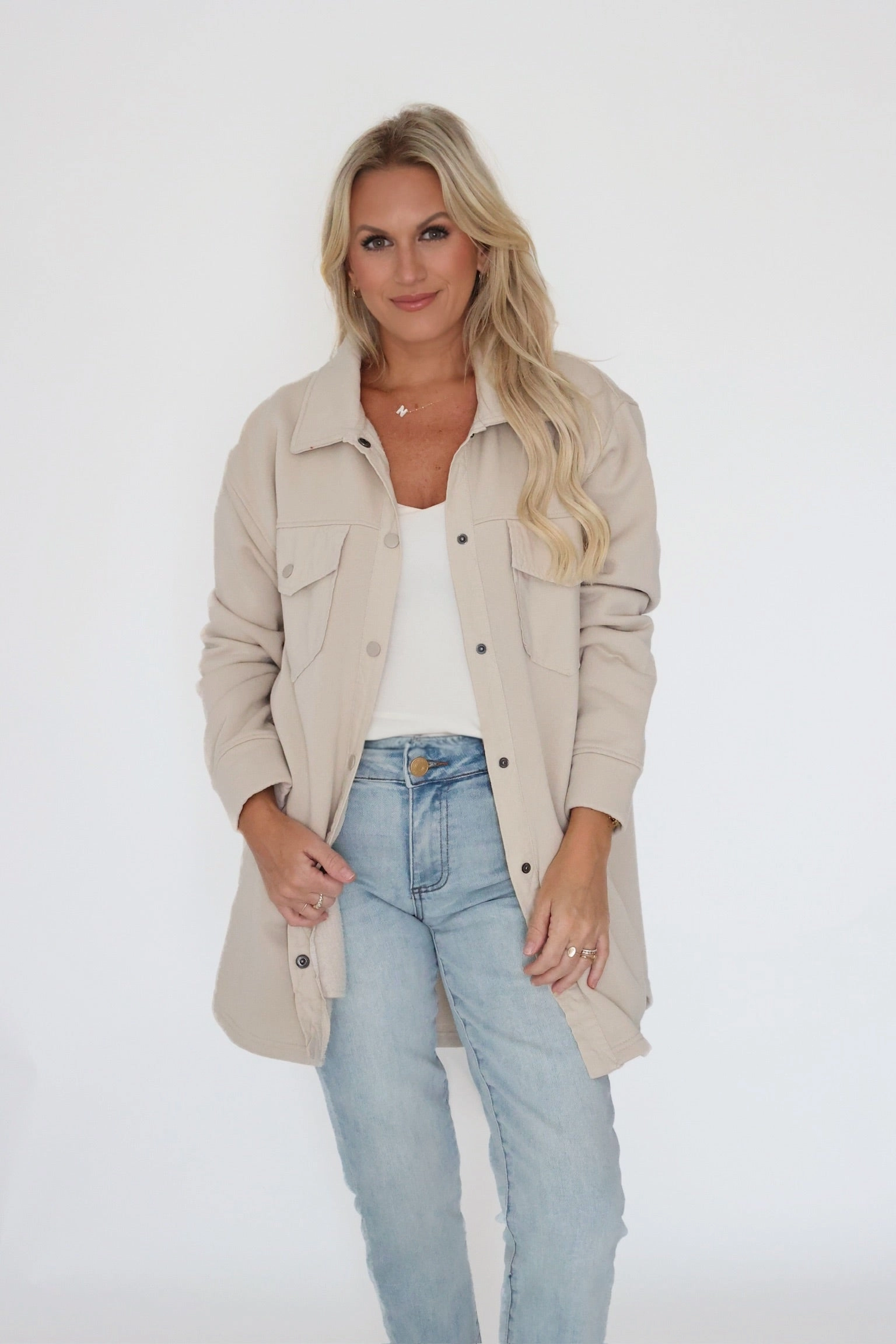 Compact Jacquard Weave StretchMaterial In A Snap Shacket- Natural