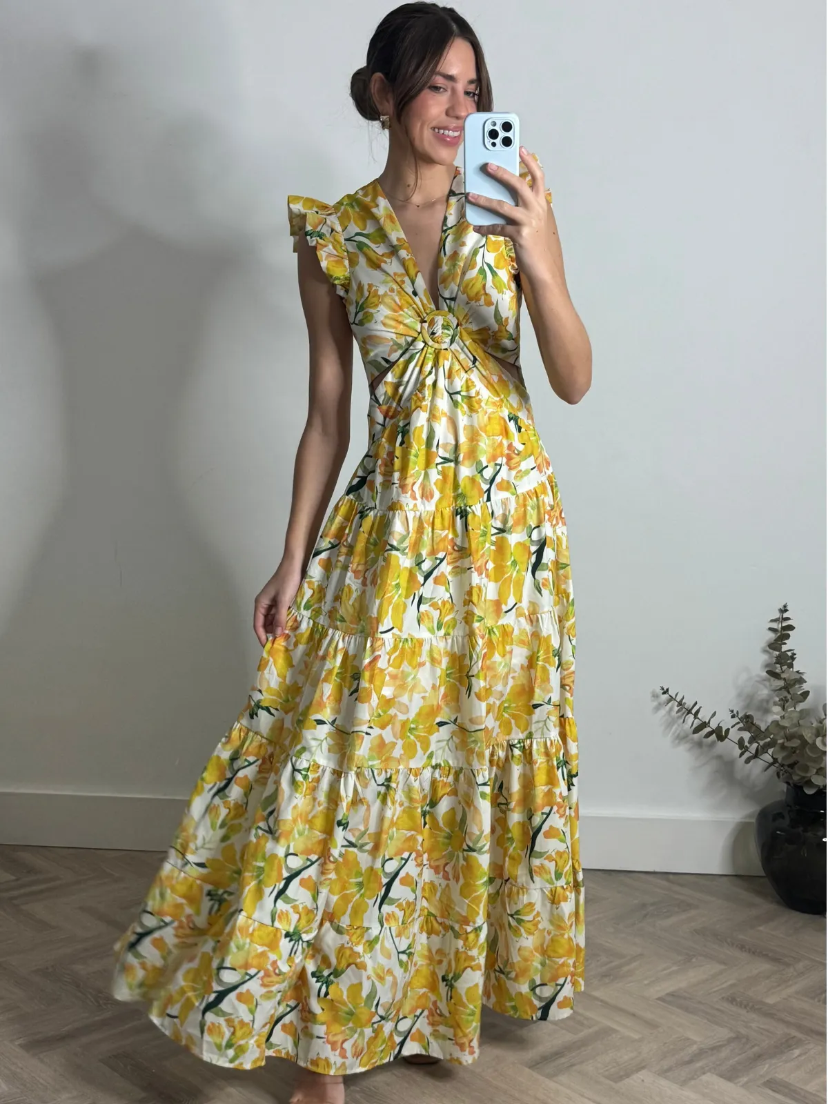 Indie Cut Out Frill Maxi Dress in Lemon Floral Golden Scene
