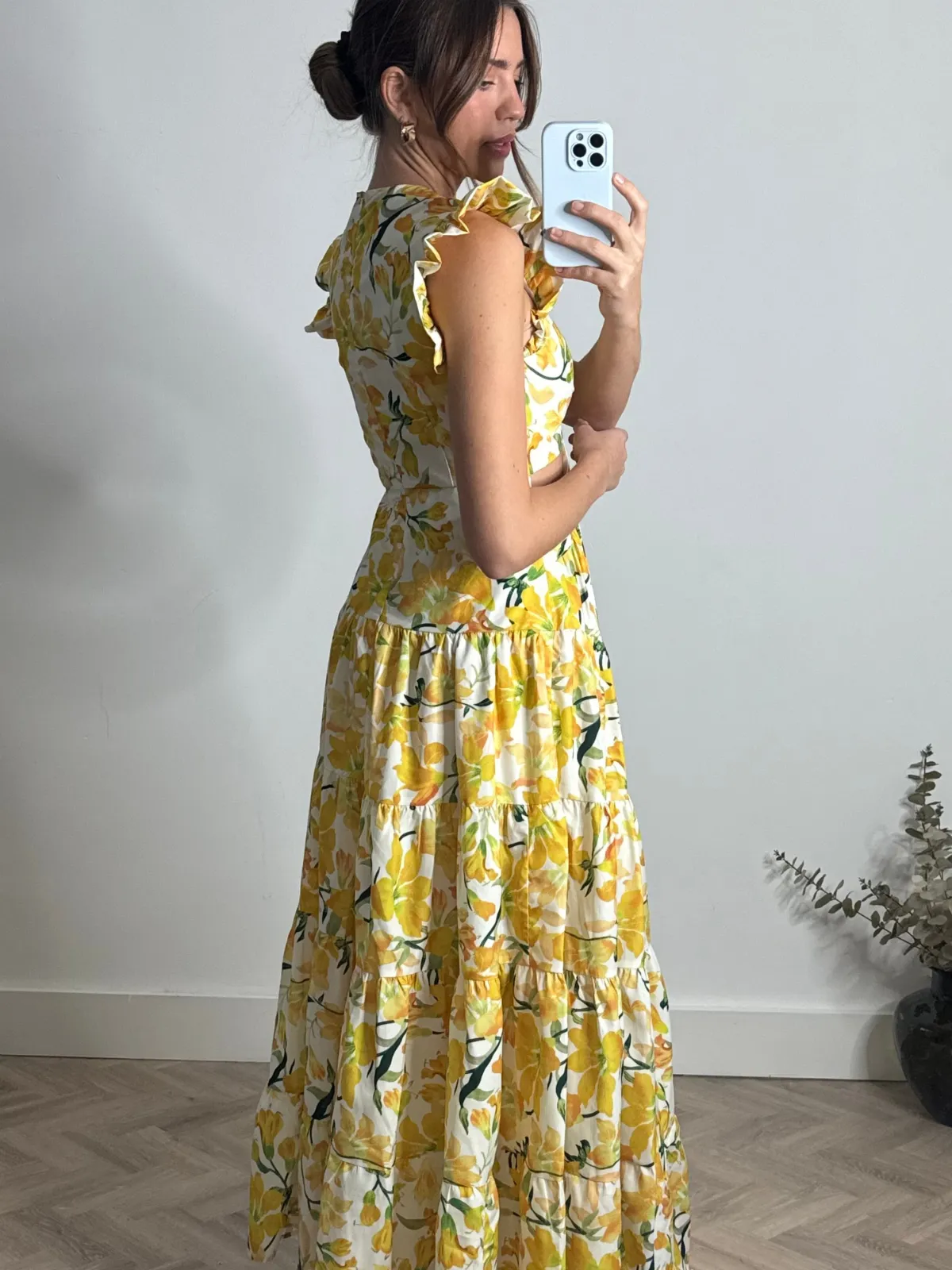 Indie Cut Out Frill Maxi Dress in Lemon Floral Satin Glow