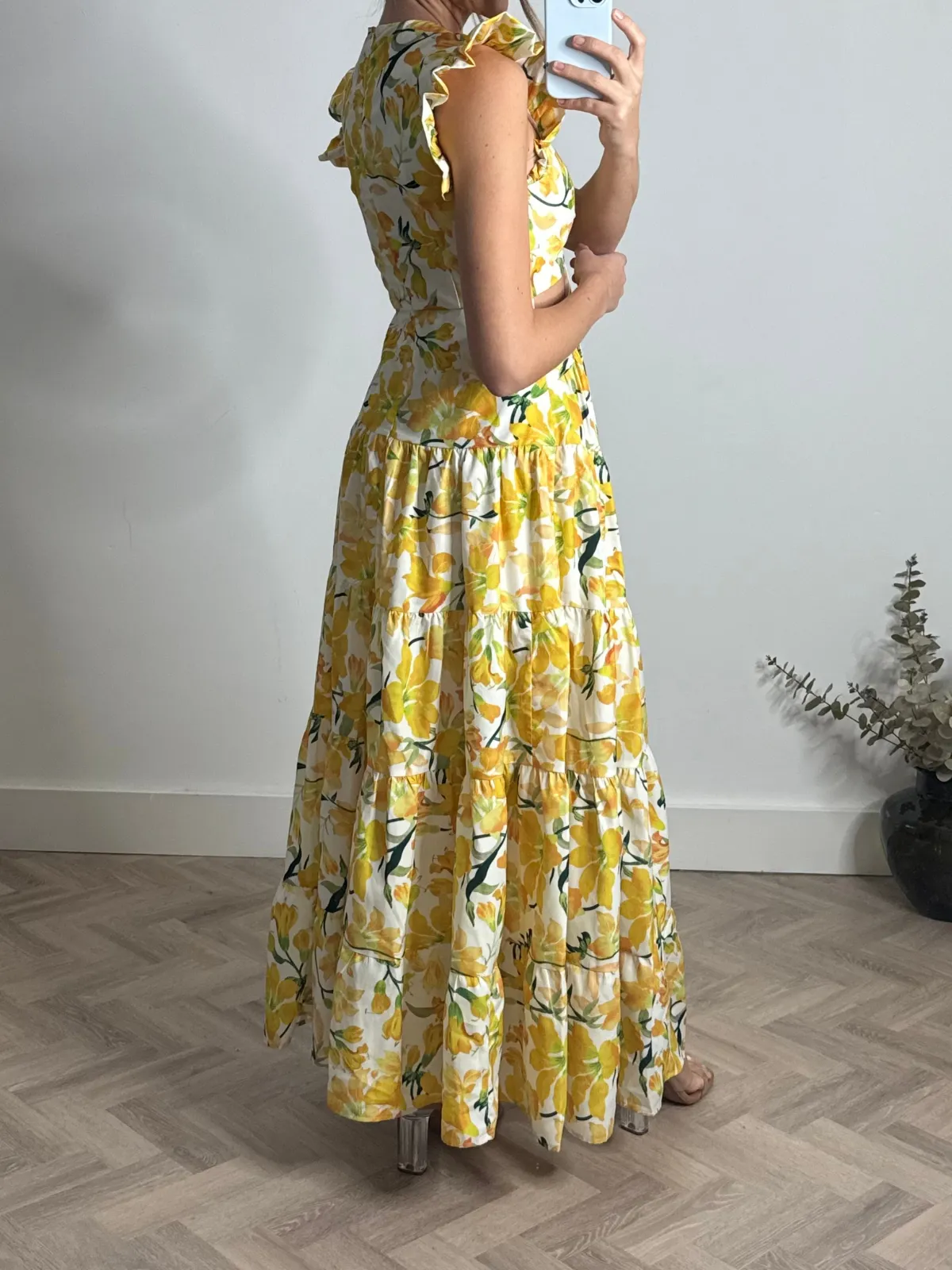 All Look Indie Cut Out Frill Maxi Dress in Lemon Floral