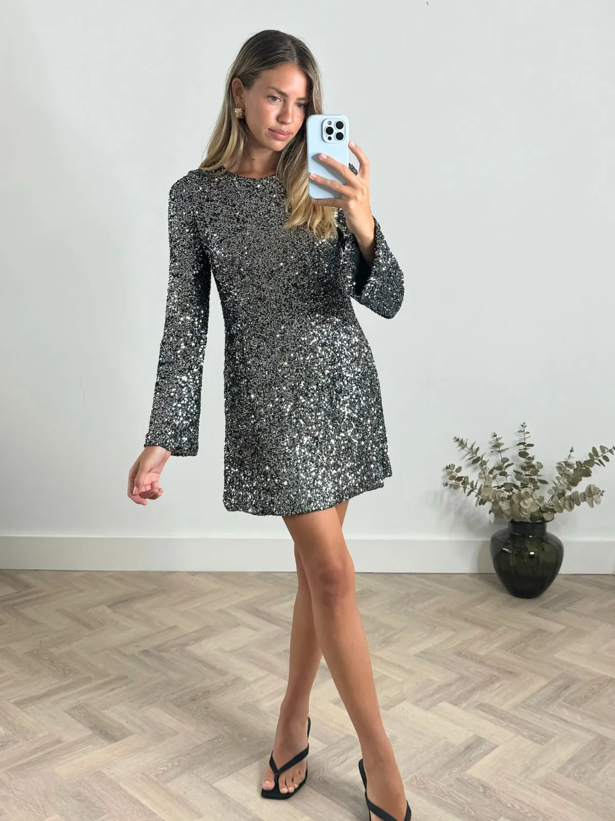 Evelyn Sequin Bow Back Mini Dress in Black Light and breezy summer dress Comfy Shape