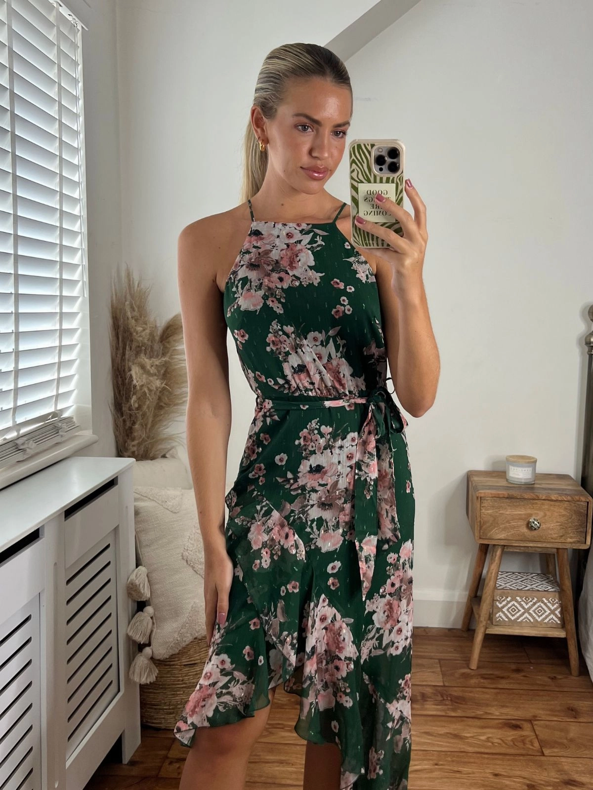 Texture Mood Ariana Halter Frill Dress / Chiffon Green Floral