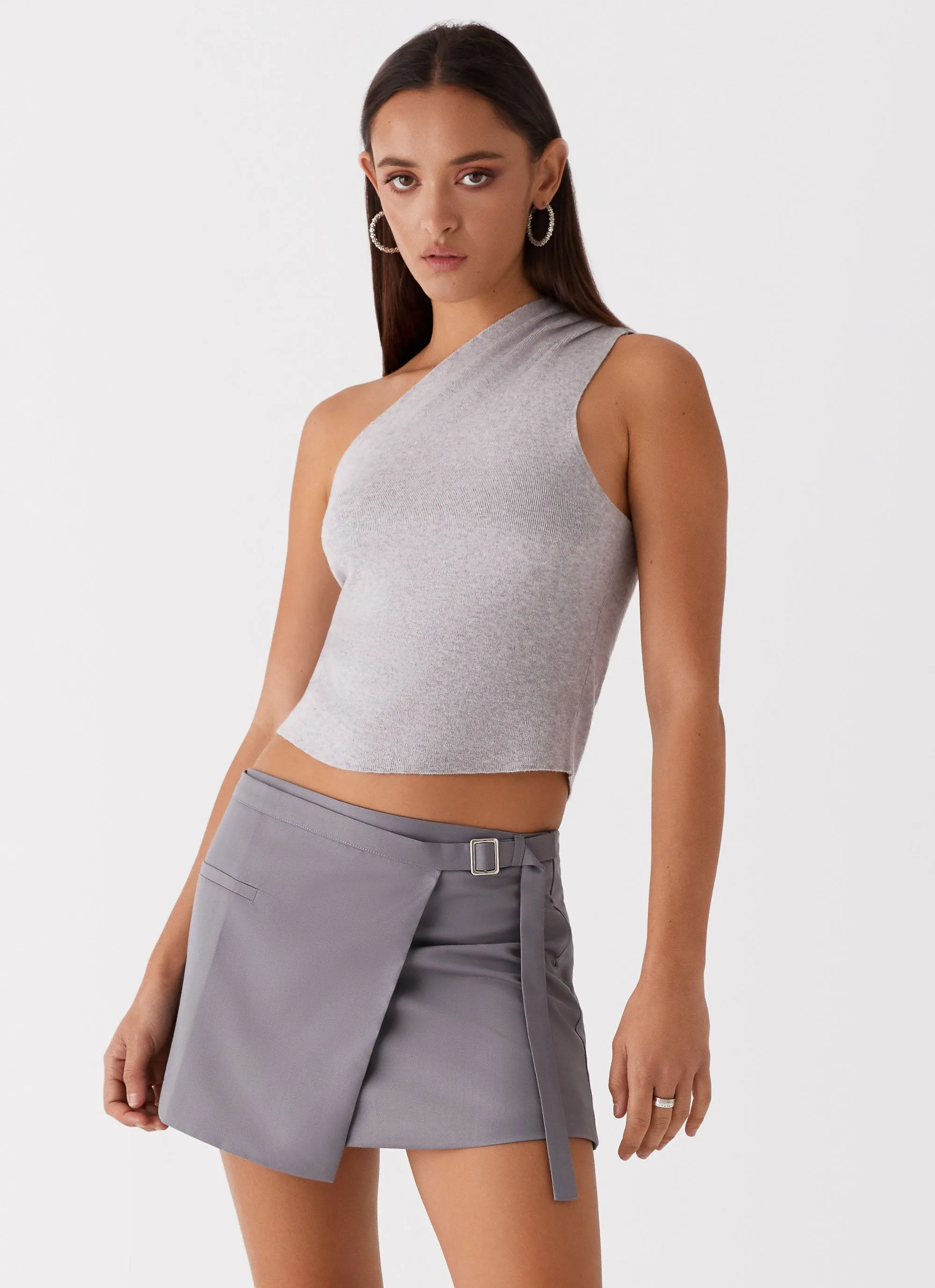 Indy One Shoulder Knit Top - Grey BreathableMeshInsert Reinforced Hem Stitching