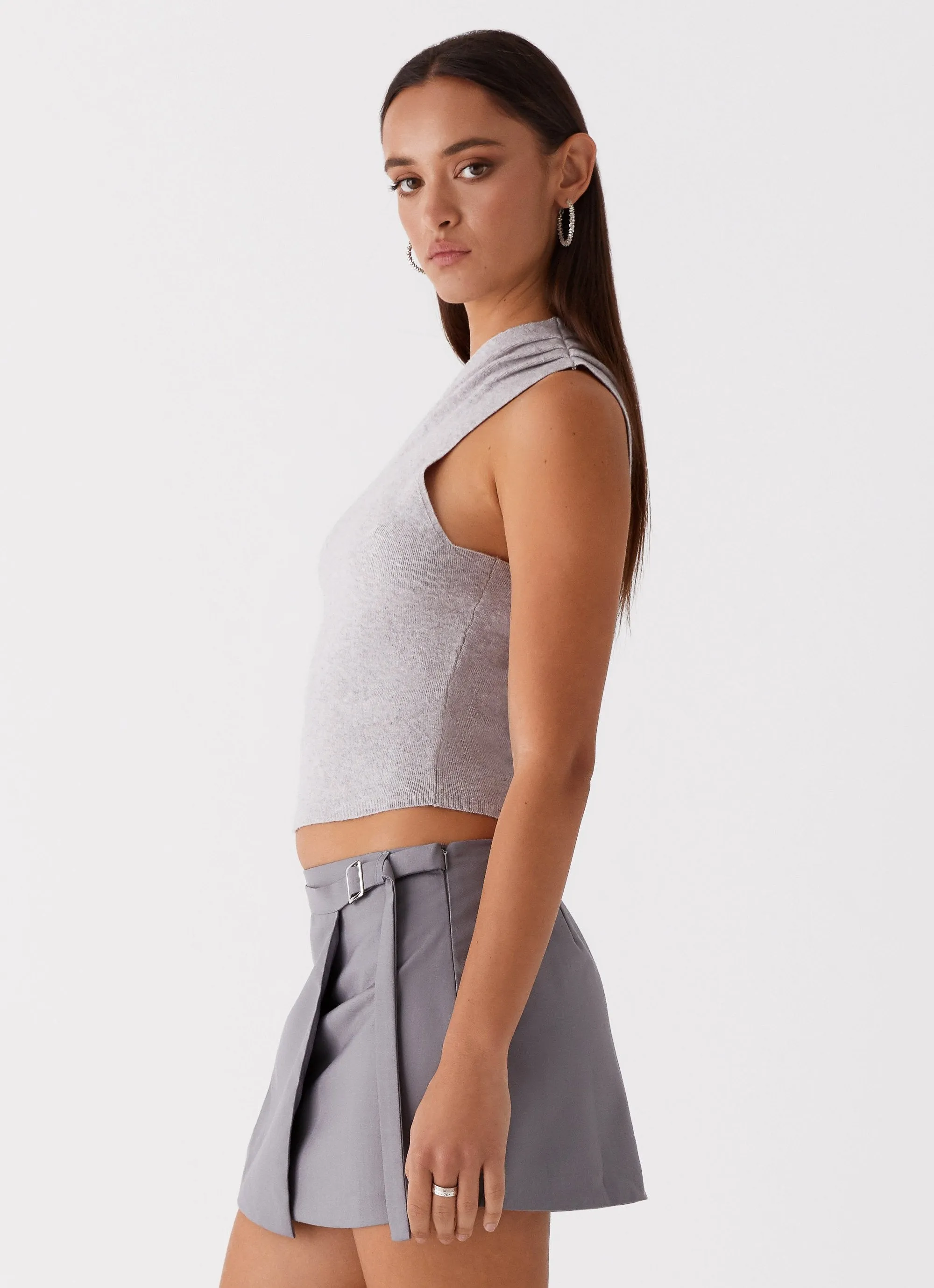 StretchTechnology ReinforcedHems Indy One Shoulder Knit Top - Grey