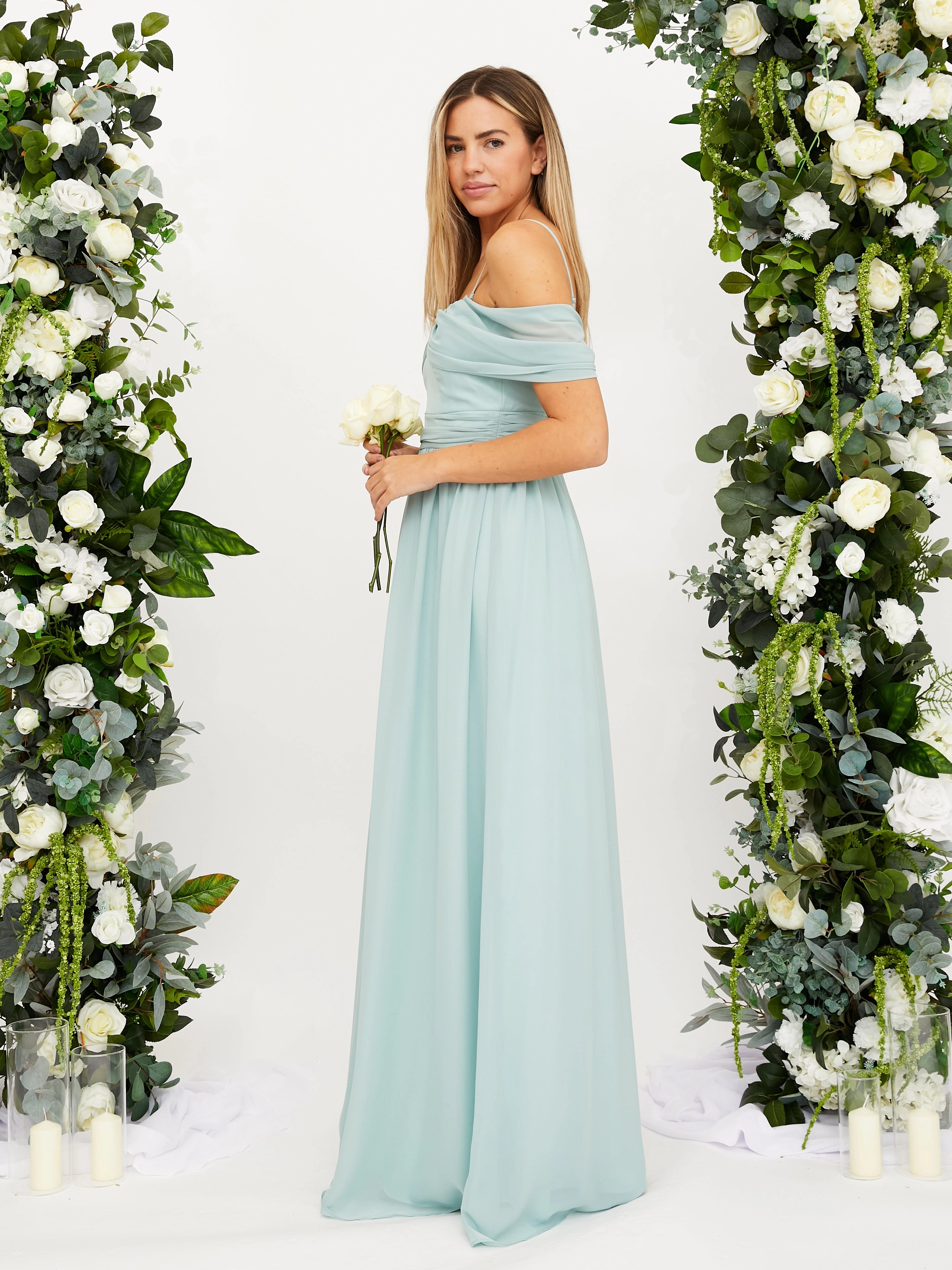 Daytime Mood Cold Shoulder Maxi Chiffon Dress / Sage