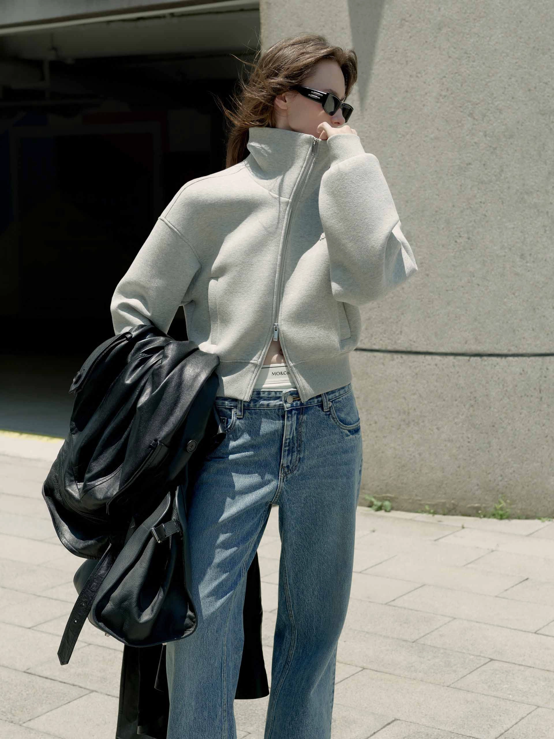 Zip Closure Cropped Jacket Elastic Hem Adjustment