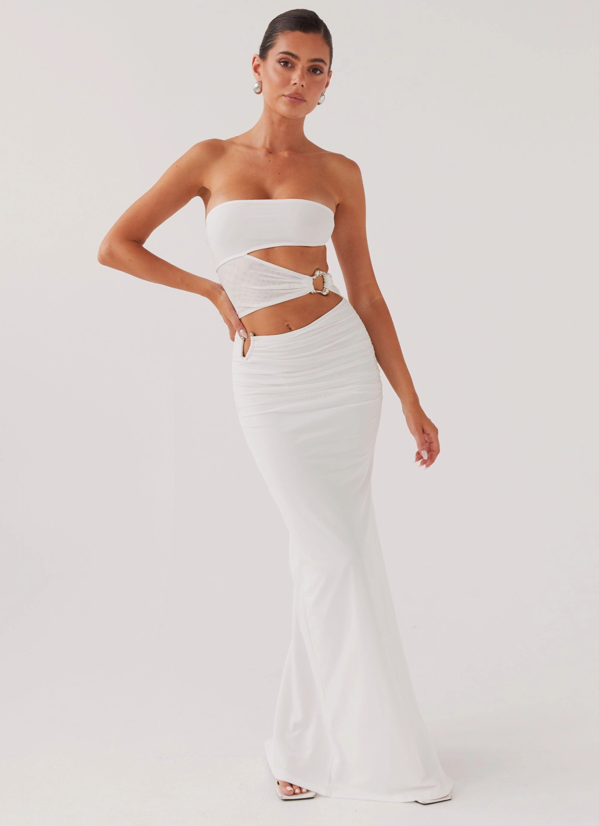 Fresh Energy Urban Drape Into Pieces Mesh Maxi Dress - White