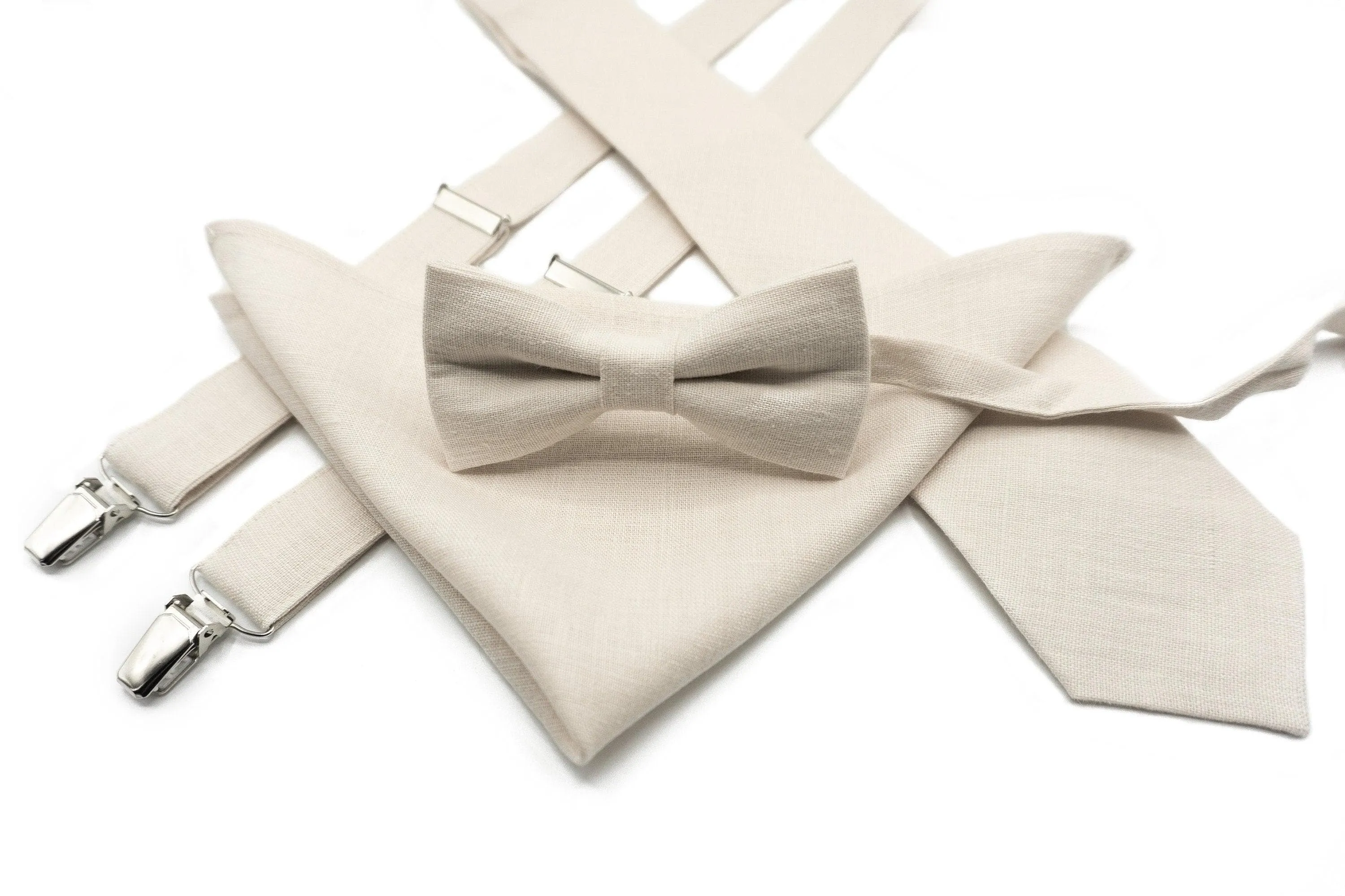Ivory Linen Suspender and Bow Tie Set for Groomsmen and Boys