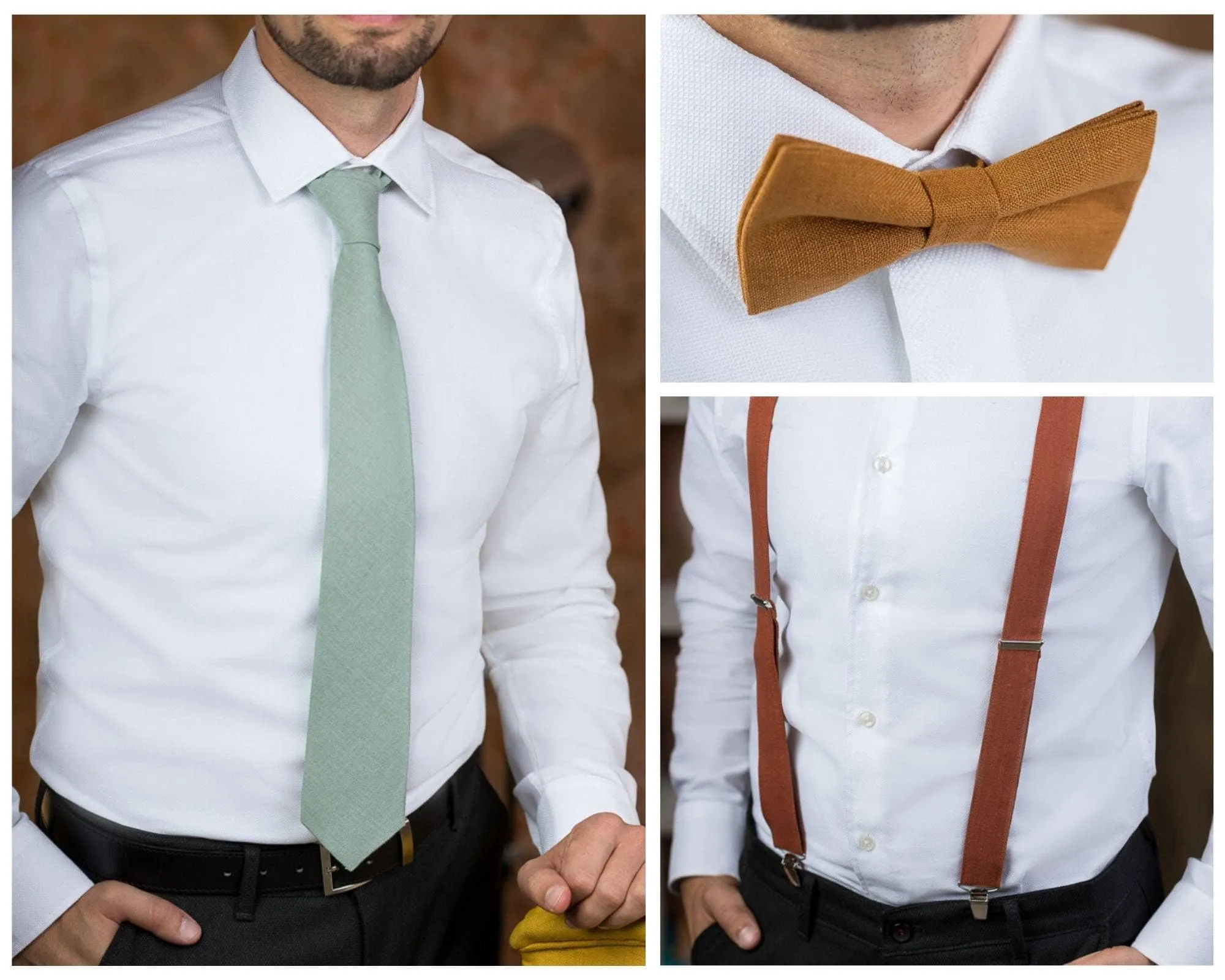 Ivory Linen Suspender and Bow Tie Set for Groomsmen and Boys