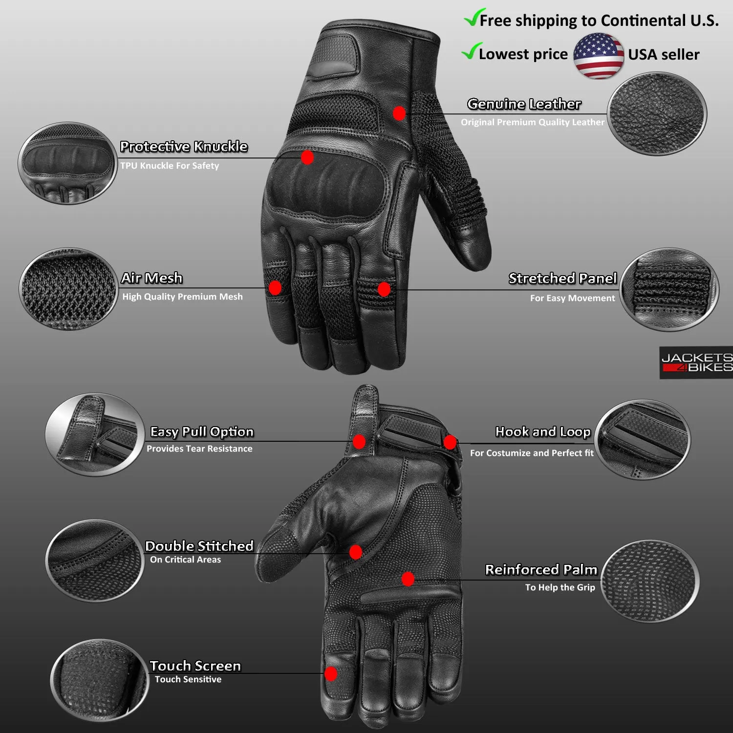 Jackets 4 Bikes Men's Motorcycle Tactical Premium Goat Leather & AirMesh Biker Gloves White