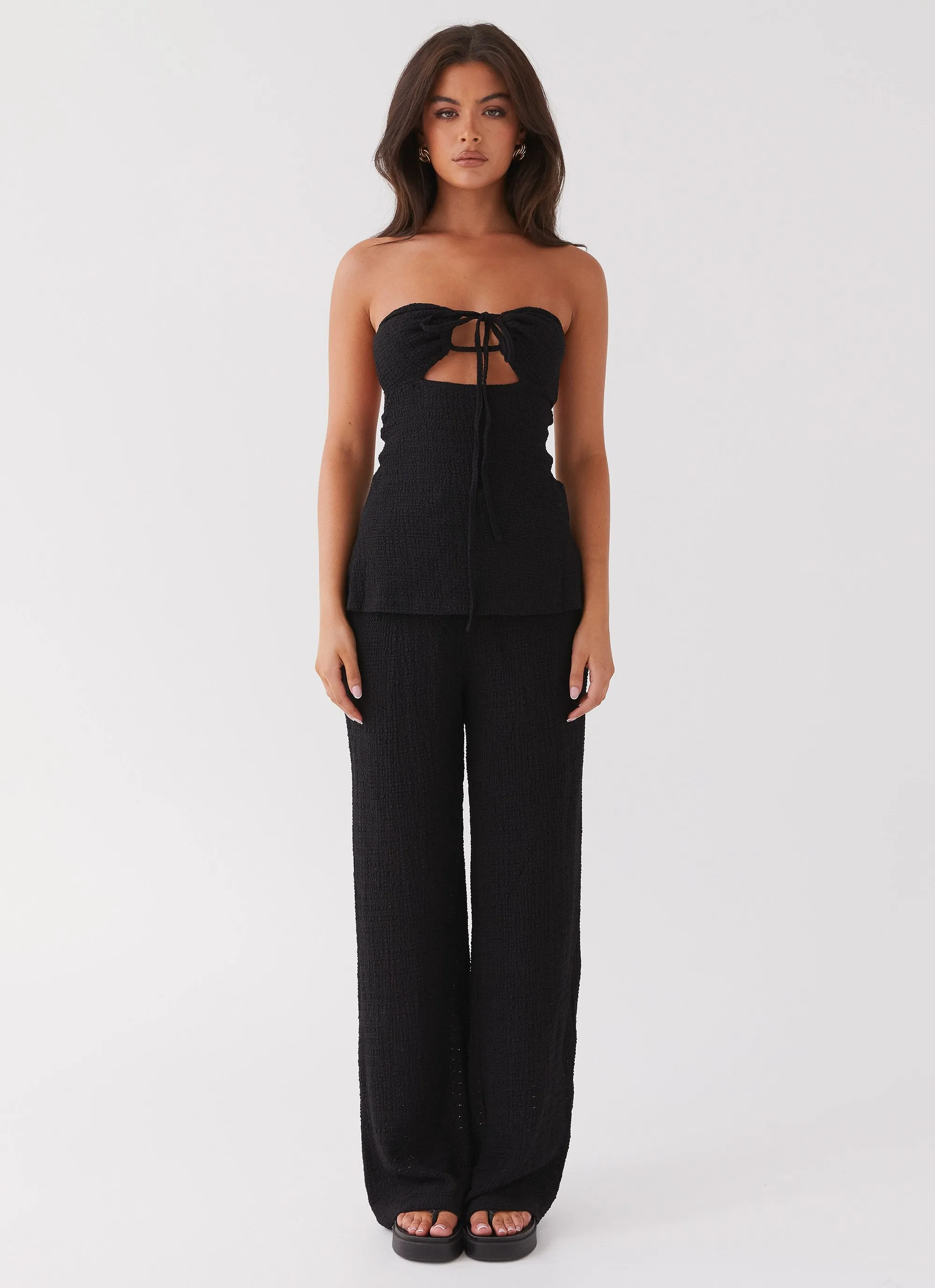 Jadey Strapless Waffle Top - Black Drop Shoulder