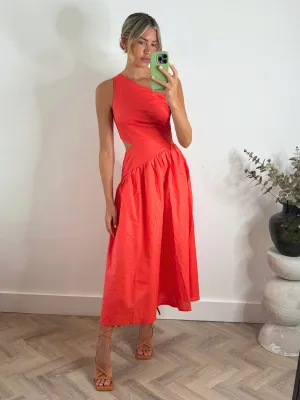 DeepPocketStyle Jasmine Cut Out One Shoulder Dress in Coral