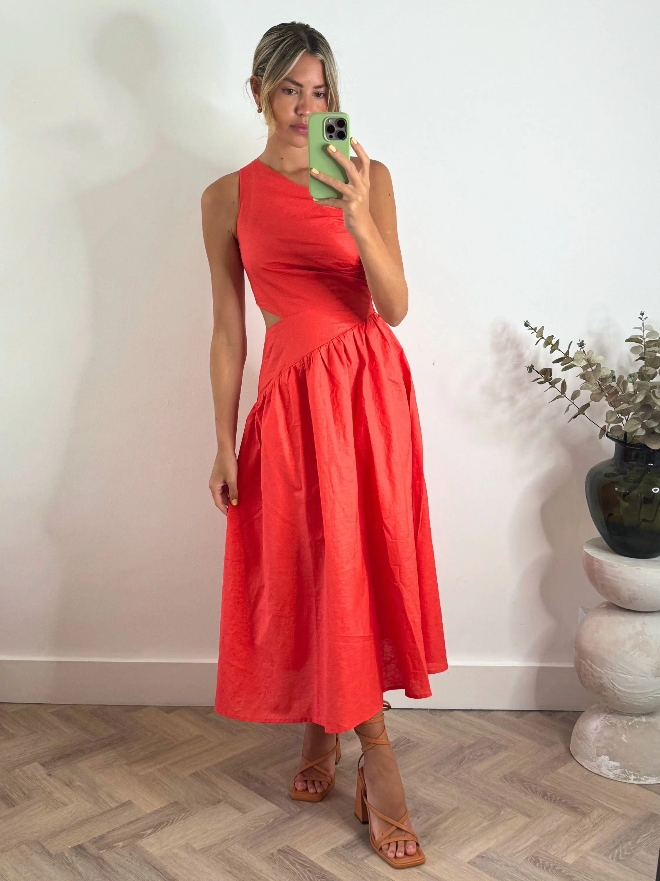 Jasmine Cut Out One Shoulder Dress in Coral Form Fit Sleeve Light