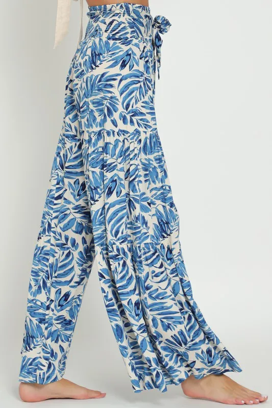 Jeanette High Waist Tie Tropical Print Wide Leg Pants Blue