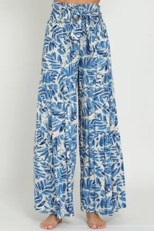 Jeanette High Waist Tie Tropical Print Wide Leg Pants Blue
