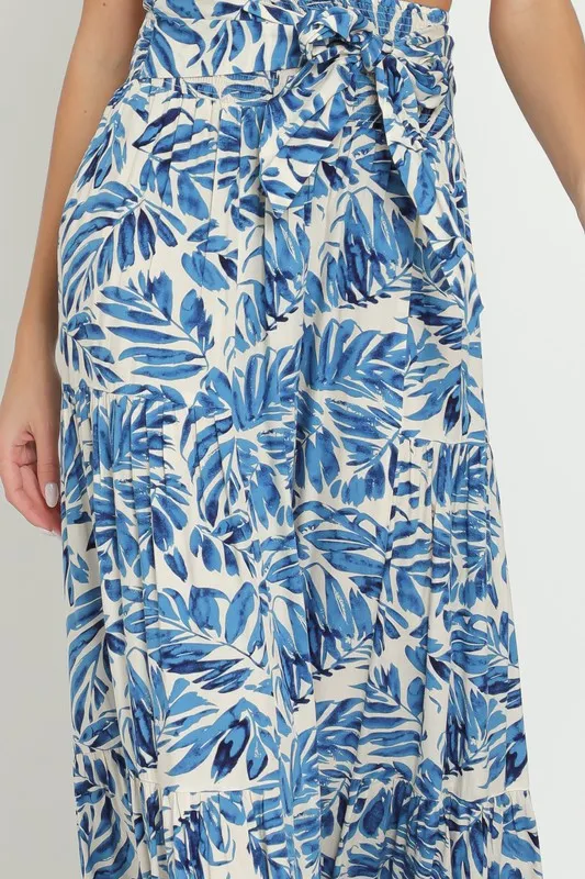 Jeanette High Waist Tie Tropical Print Wide Leg Pants Blue