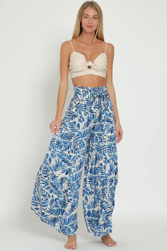 Jeanette High Waist Tie Tropical Print Wide Leg Pants Blue