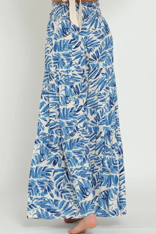 Jeanette High Waist Tie Tropical Print Wide Leg Pants Blue