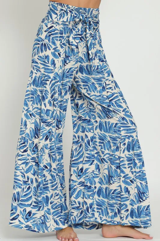 Jeanette High Waist Tie Tropical Print Wide Leg Pants Blue